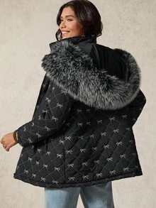 Boho Mama Maternity Bow Pattern Hooded Long Sleeve Padded Coat