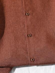 SHEIN 1 件青少年男孩立领绅士卡其色纯色休闲短袖衬衫，春夏 - 棕色 - 查看 6