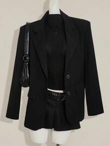 SHEIN ICON 冬季哥特风纯黑色休闲/办公长袖女式西装外套，适合万圣节穿着 - 黑色 - 查看 1