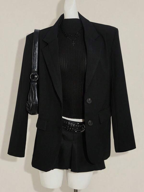 SHEIN ICON 冬季哥特风纯黑色休闲/办公长袖女式西装外套，适合万圣节穿着
