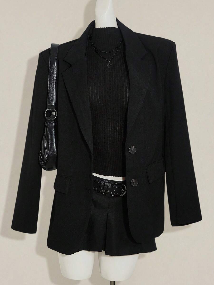 SHEIN ICON 冬季哥特风纯黑色休闲/办公长袖女式西装外套,适合万圣节穿着 - 黑色 - 查看 1
