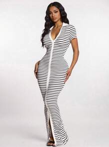 SHEIN SXY Black And White Striped Casual Maxi Dress With Collar And Front Split Striped Maxi Dress Short Sleeve Maxi Dress Casual Long Dress - Black and White - View 1