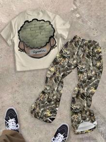 SHEIN 青少年男孩休闲时尚卡通圆领 T 恤和树枝印花喇叭裤套装，适合夏季套装 - 彩色 - 查看 3