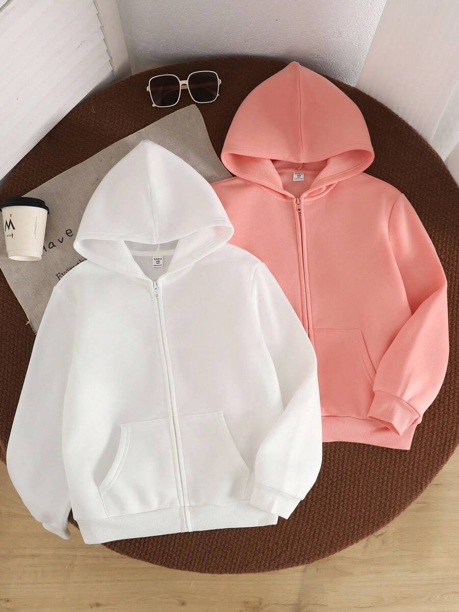 SHEIN 2 件套青少年女孩休闲可爱日常舒适简约针织连帽长袖运动衫,适合外出、上学、聚会、秋冬 - 淺粉色 - 查看 1