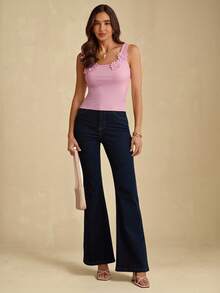 Enchnt Summer Romantic Women Pink 3D Flower Decor Ribbed Fitted Tank Top, Casual & Comfortable For Birthday & Holiday Party & Sweet Date & Daily Commuting & Vacation & Wedding Season Essential,Summer Versatile For Women,Concert Women,Elegant - Pink - View 3