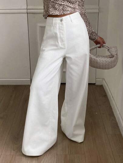 DAZY 女式休闲纯色阔腿纽扣牛仔裤