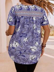 EMERY ROSE 加大码 V 领短袖花卉印花系带宽松休闲衬衫 - 紫色 - 查看 2