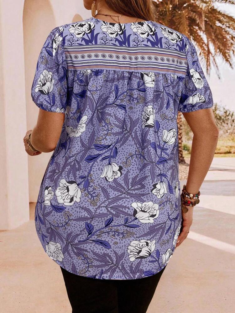 Plus Size V-Neck Short Sleeve Floral Print Tie Front Loose Casual Shirt