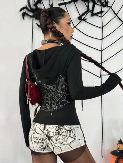 SHEIN Unity Women's Casual V-Neck Fringe Spider Web Rhinestone Hooded Long Sleeve Slim Fit Sweatshirt For Halloween, Autumn Fall Cloth For Women