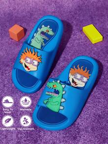 Nick 90s | SHEIN 可爱卡通恐龙和卡通人物图案儿童一脚蹬拖鞋，适合幼儿和儿童，防滑速干淋浴滑梯，轻便耐用的 EVA 材质，适合室内、浴室、游乐场、游泳池、海滩室内室外 - 藍色 - 查看 2
