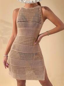 EMERY ROSE Women'S Round Neck Hollow Out Loose Cover-Up Dress With Side Slits,Summer Beach - Khaki - View 7