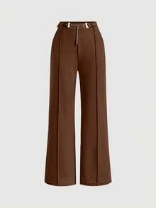 EURMUSE Women's Casual Loose Solid Color Suit Pants, Suitable For Everyday Wear - Coffee Brown - View 1