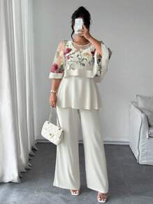 Elenzga Conjunto de dos piezas elegante y casual, formado por una túnica con cuello redondo, empalmado de malla y bordado 3D en talla grande y un mono con cuello redondo, sin mangas y volante en el bajo