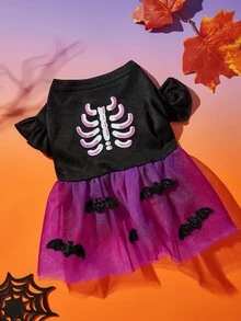 1 件猫狗通用卡通骷髅印花蝙蝠装饰万圣节紫色网眼拼布盖袖可爱宠物连衣裙，适合万圣节派对，PETSIN 原创设计 - 彩色 - 查看 1
