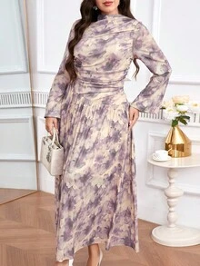 Modelyn Plus Size Women's Elegant Printed Ruffle Dress - Multicolor - View 2