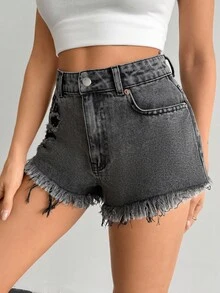 EURMUSE High Waist Frayed Hem Denim Shorts, Fashionable For Summer Women Short Outfits Short Jeans Women Summer Outfits Summer Outfits For Women Women Summer Clothing Women Plus Clothing Shorts Women S Bottoms Woman S Summer Clothes Women Short Sets - Dark Grey - View 6