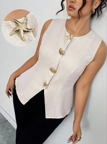 Elenzga Plus Size Summer Casual Commuter Metal Buckle Camisole - Apricot - View 7