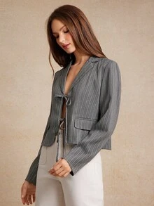 WESTFADE Chaqueta tipo blazer de corte relajado con cuello de solapa a rayas, lazo delantero y tejido de punto, ideal para volver al colegio en otoño - Gris - Ver 4