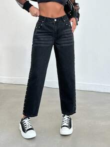 RueChic 休闲锥形裤，带斜口袋和猫须细节，适合秋季 - 黑色 - 查看 4