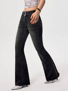SHEIN EZwear 女式中腰休闲时尚修身纯色喇叭牛仔裤 - 黑色 - 查看 5