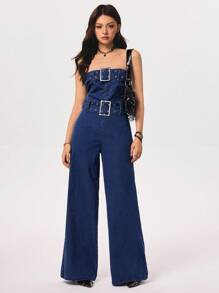 Rivivi 女式时尚挂脖牛仔连体裤 - 深色水洗藍 - 查看 1