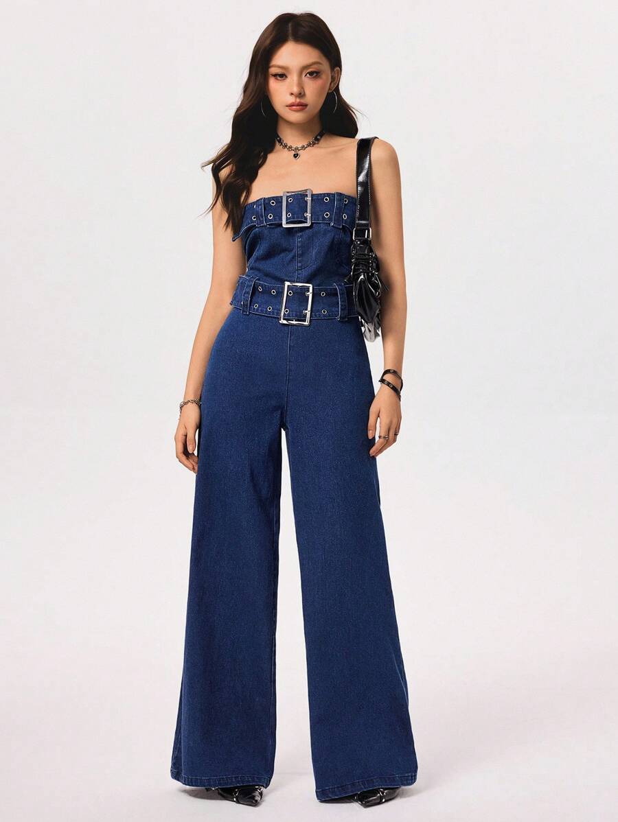 Rivivi 女式时尚挂脖牛仔连体裤 - 深色水洗藍 - 查看 1