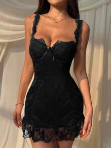 SHEIN EZwear 女式花卉黑色蕾丝蝴蝶结装饰紧身无袖迷你连衣裙 - 黑色 - 查看 6