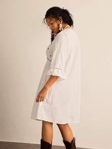 Freevana 大码女式宽松休闲七分袖度假连衣裙刺绣秋装荷叶边半身裙波西米亚风女装早午餐装女士机场装 - 白色 - 查看 6