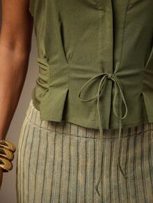 Hauture Áo thun nữ cổ bẻ xếp ly gợi cảm, giản dị, buộc dây phía trước cho mùa hè - xanh quân đội - Xem 2