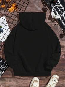 SHEIN 青少年男孩休闲图案长袖连帽厚运动衫，适合秋冬季 - 黑色 - 查看 3