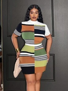 Slaydiva 大码女式立领条纹短袖修身针织连衣裙，适合秋冬季穿着，条纹连衣裙，凸显曲线，修身大码，适合秋冬季穿着。 - 彩色 - 查看 16