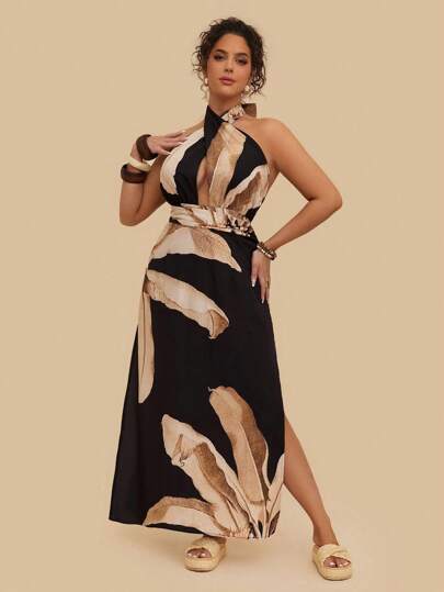 SHEIN VCAY Plus Size Women's Black Leaf Print Maxi Dress, Criss-Cross Halter Neck Backless Sleeveless A-Line Loose Long Dress  Night Out  Going Out Outfits   Off The Shoulder Flowy  Boho Chic  Vacation Outfits Holiday Outfits   Urban Coastal Style Country Outfits Old Money Vintage Clothes