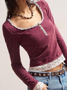 Bohemela Casual Solid Color Knit Contrast Lace Long Sleeve Slim Fit Blouse For Women