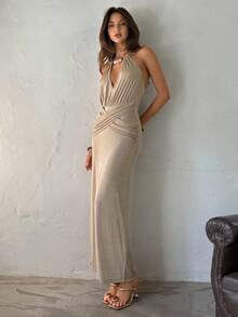 Aloruh Vestido longo feminino com gola franzida e contas, elegante e sexy para festa, para o verão, outono, para sair - Caqui - Ver 4