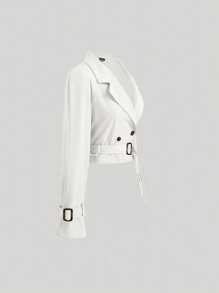 SHEIN MOD 女式白色短款休闲宽松夹克（配腰带）、秋季外套、秋季大衣、秋装、巡航女装、返校装 - 白色 - 查看 5
