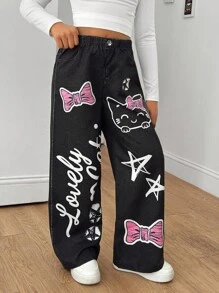 Sparklyn Tween Girls Elastic Waist Loose Printed Wide Leg Pants, Suitable For Street & Everyday Wear, Spring/Autumn Fall Winter