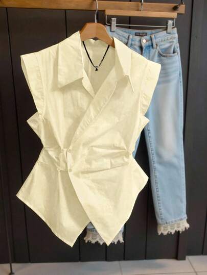 INAWLY Women's Casual Solid Color Sleeveless Wrap Shirt, Summer