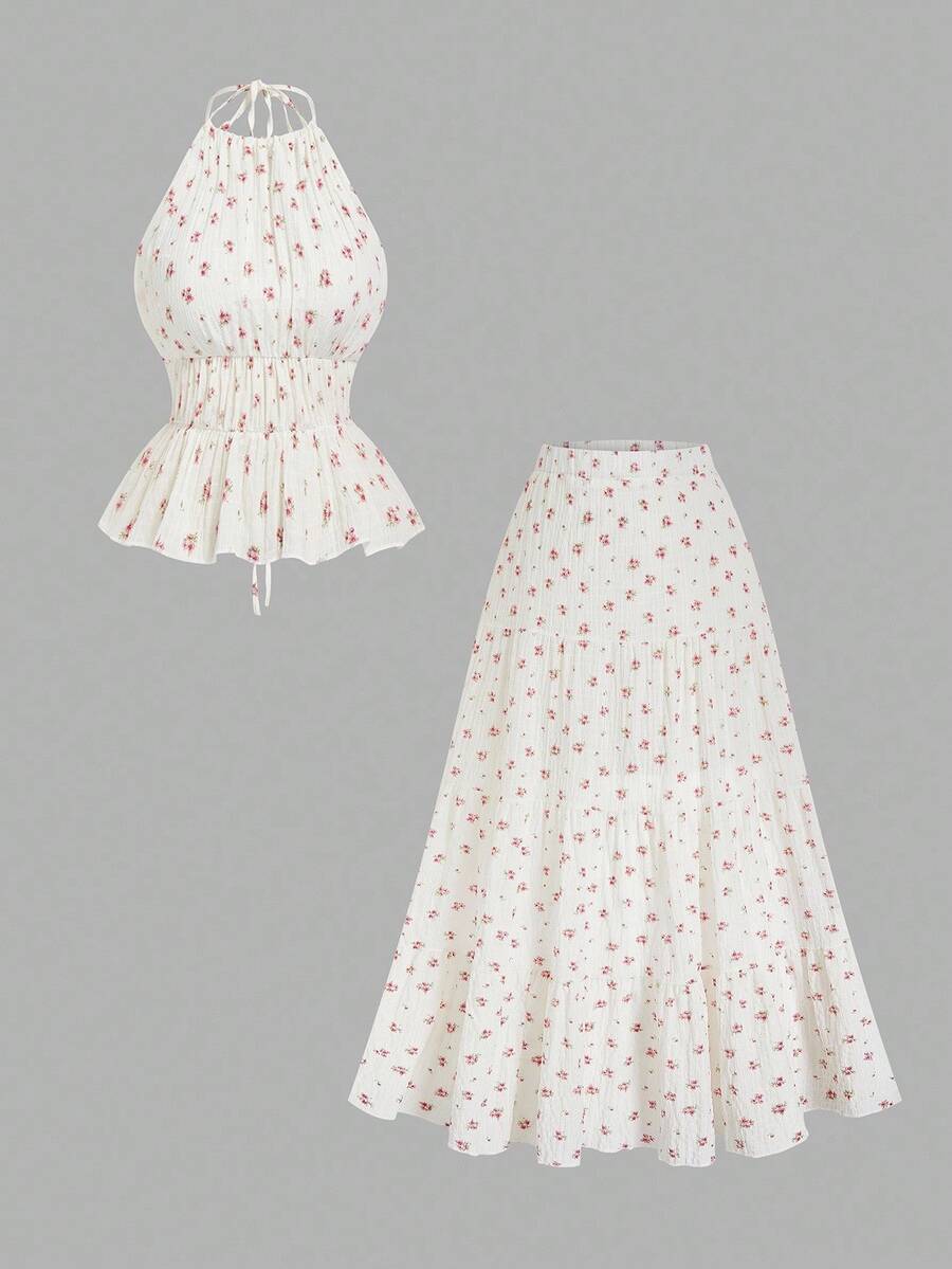 Sweetra Plus Size Halter Backless Top & A-Line Ditsy Floral Skirt 2 Pieces Set, Vacation - White - View 1