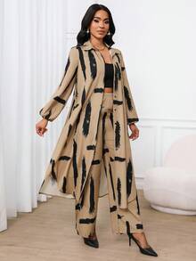 SHEIN Lady 春夏秋冬休闲优雅工作彩色梭织衬衫领主教袖口袋长袖套装度假两件套教堂服装女士办公室服装女士夏季服装，2 件夏季服装 - 彩色 - 查看 7