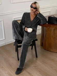 Livesso Women's V-Neck Loose Jacket And Casual Pants 2 Pieces Set - Grey - View 6