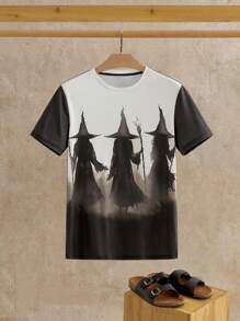 Manfinity NXTstreet Men's Casual Knit Halloween Witch With Hat Pattern Print Slim Fit Crew Neck Short Sleeve T-Shirt, 2000s Style - Multicolor - View 6