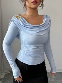 Modelyn Knitted Draped Neck Ruffle Long Sleeve Hollow Back Metallic Butterfly Decor Elegant French T-Shirt Fall Cloth For Women - Blue - View 3