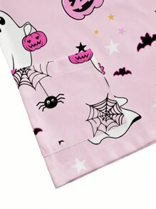 PopScrub Women's Pink Summer Maid Work V-Neck Short Sleeve Double Pocket Cute Ghost,Pumpkin,Spider Print Nurse Doctor Health Check Pet Grooming Uniform Top - Pink - View 4