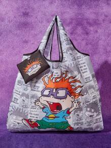 Nick 90s | SHEIN 1 túi mua sắm gấp gọn bằng polyester họa tiết hoạt hình, túi tote có kèm túi nhỏ đính kèm chuỗi hạt - Nhiều màu - Xem 2