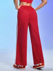Gameset SHEIN Sport Women's Contrast Side Stripe Elastic Waist Drawstring Sweatpants,Loose Straight Wide Leg Track Pants,Sports Flare Workout Pants - Red - View 2