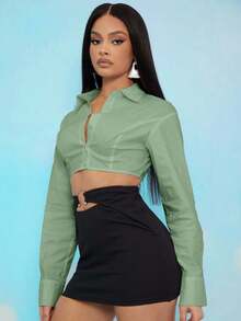 EURMUSE Áo sơ mi nữ tay dài đơn giản, tối giản, màu trơn - Màu xanh chanh - Xem 3