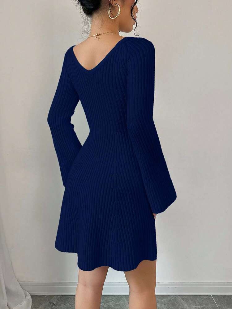 EURMUSE Women's Elegant Solid Color Off Shoulder Flare Sleeve Knit Dress,Winter Dresses - Navy Blue - View 2
