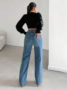 EURMUSE 100%Cotton Ripped Straight Leg Jeans - Medium Wash - View 2