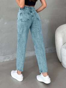 EURMUSE 女式高腰锥形休闲百搭牛仔裤 - 淺藍色 - 查看 2