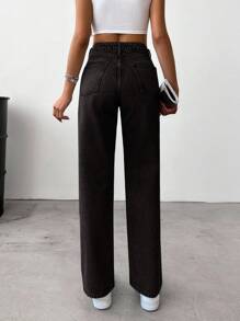 EURMUSE 100%Cotton Slant Pocket Straight Leg Jeans - Black - View 2